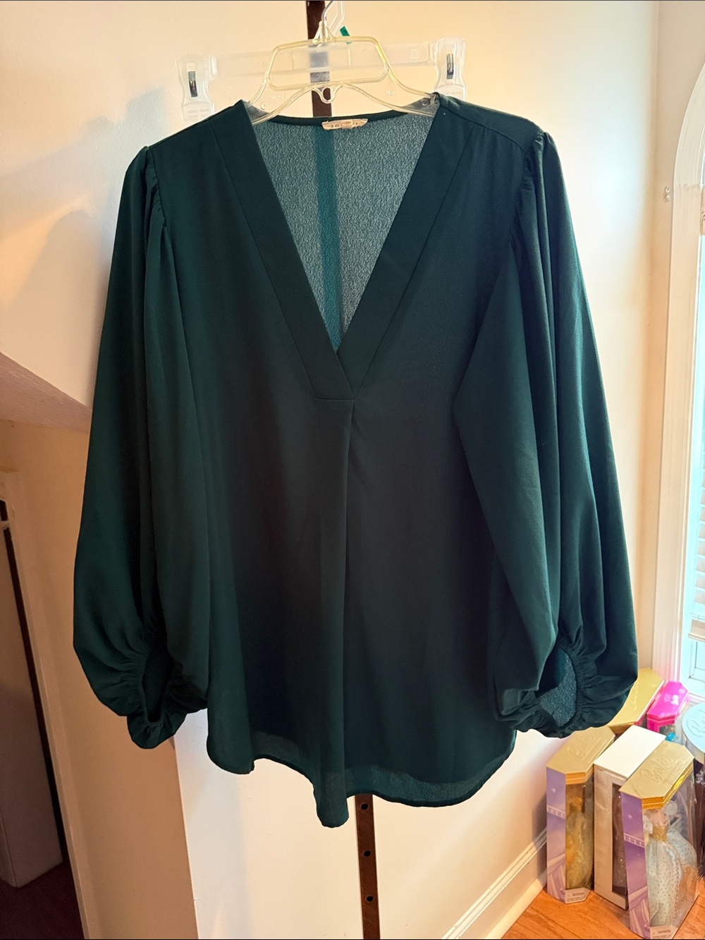 JODIFL Deep Teal V-Neck Balloon Sleeve Blouse